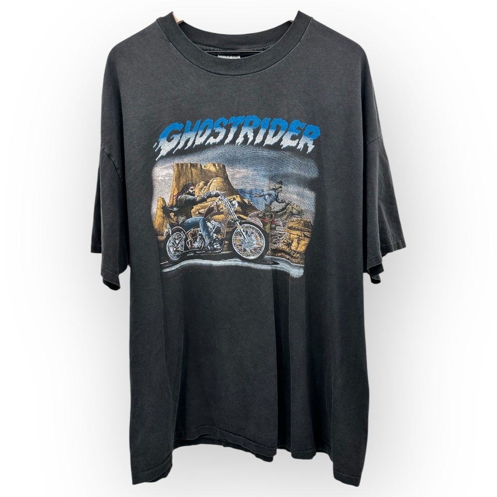 Vintage 90s Hanes Black Short Sleeve Graphic Print GHOSTRIDER Motorcycle T-shirt